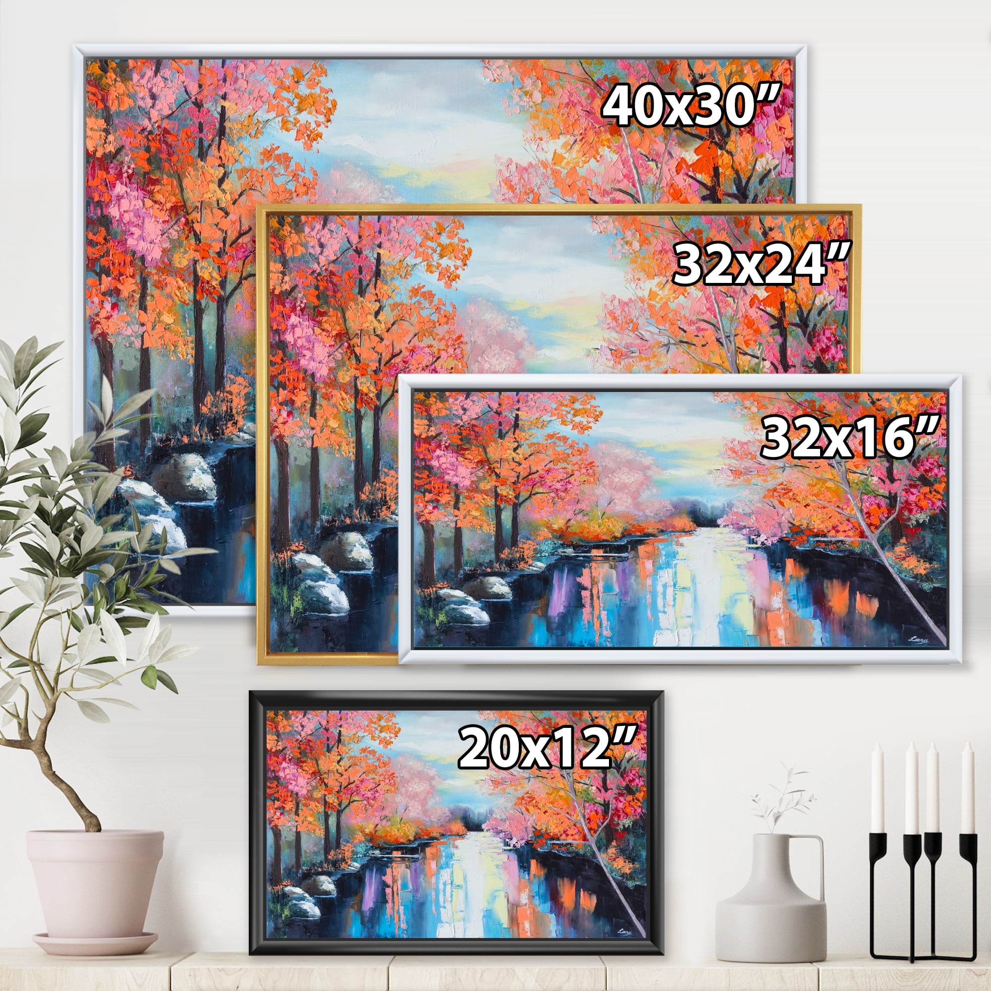 Designart 'The River Through Orange Autumn Forest' Lake House Framed Canvas Wall Art Print