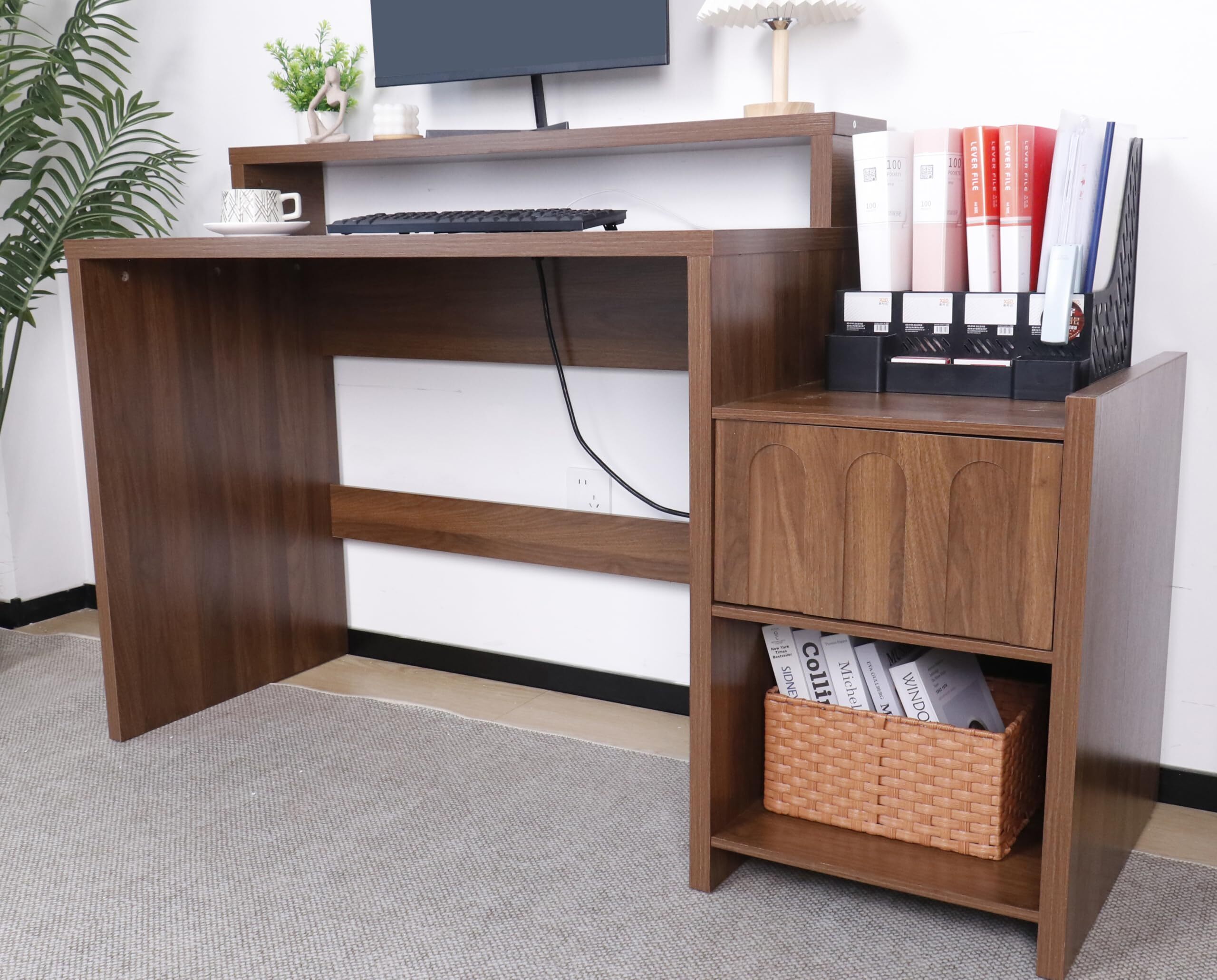 60 Inch Executive Desk with Drawer, Farmhouse Walnut Home Office Computer Desk with Printer Shelf, Monitor Stand & Charging Station