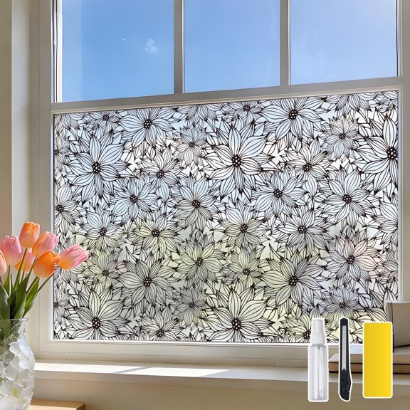 DKTIE 17.7" x 78.7" Double-Sided Floral Pattern Window Film, Static Cling Privacy Sticker, Anti-UV Heat Control for Home