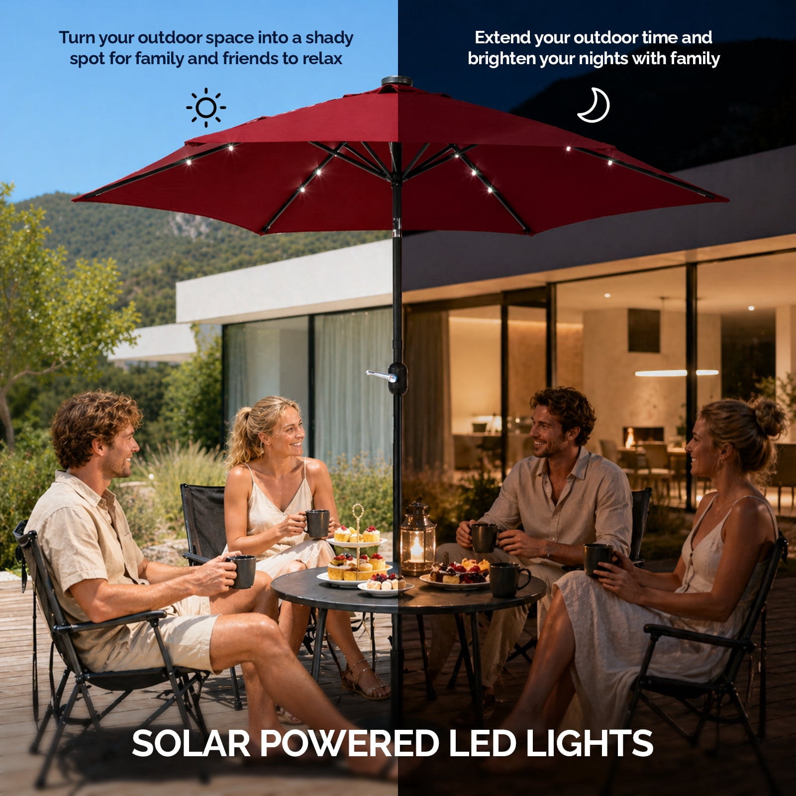9ft Solar Patio Umbrella with LED Lights, UPF 50+ Waterproof Canopy, 6 Iron Ribs, Push Button Tilt & Crank Lift, Beige for Patio Garden Poolside