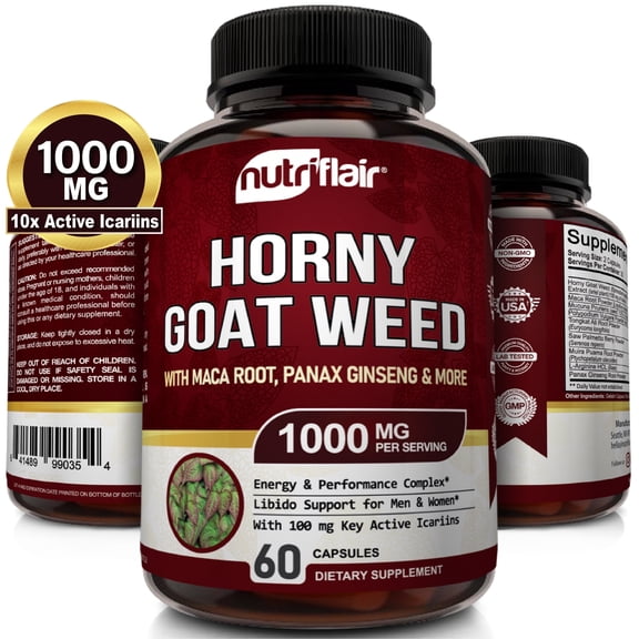 NutriFlair Horny Goat Weed Supplement Epimedium with Maca Root Ginseng Saw Palmetto 60 Capsules