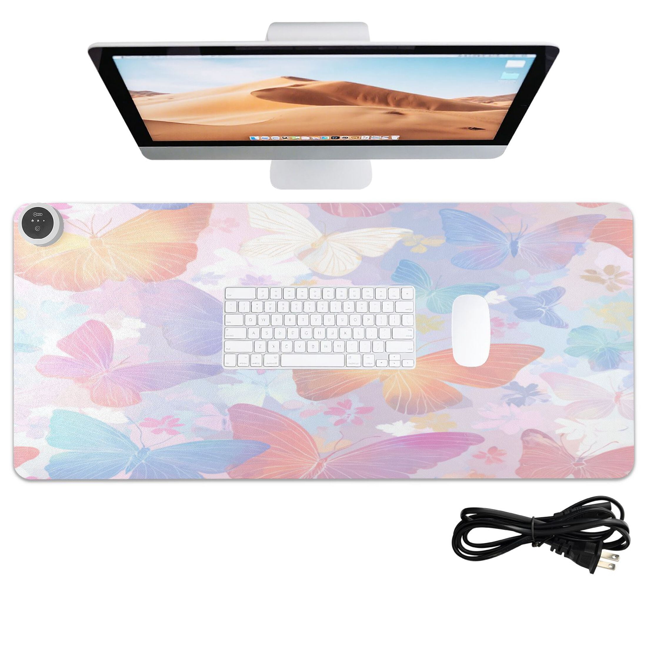 Large Heated Desk Mat Mouse Pad 31.5"x13"PU Leather Graphene Heating Desk Warmer with 3 Temperature Settings 110V US Plug Non-Slip Warm Pad for Home, Office, and Gaming Rainbow Pastel Butterfly Dance