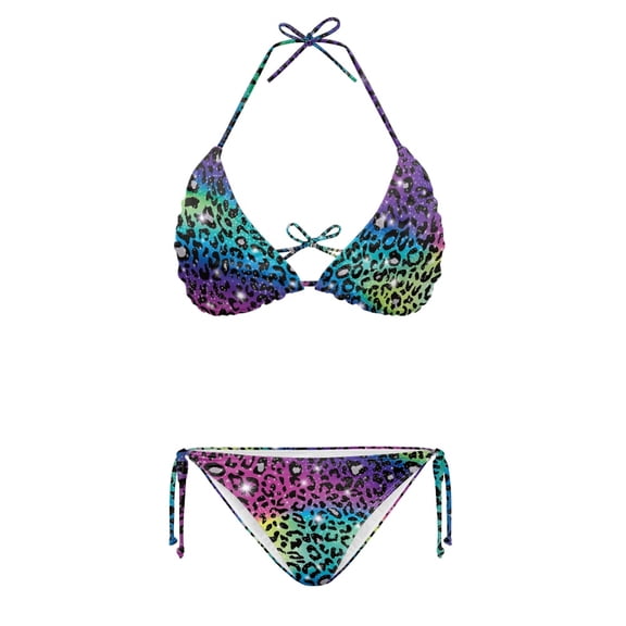 HELLHERO Rainbow Leopard Print Two Piece Bikini Set Adjustable Halter String Ladies Bathing Suit Long-Lasting Quick-Dry Swimwear for Summer