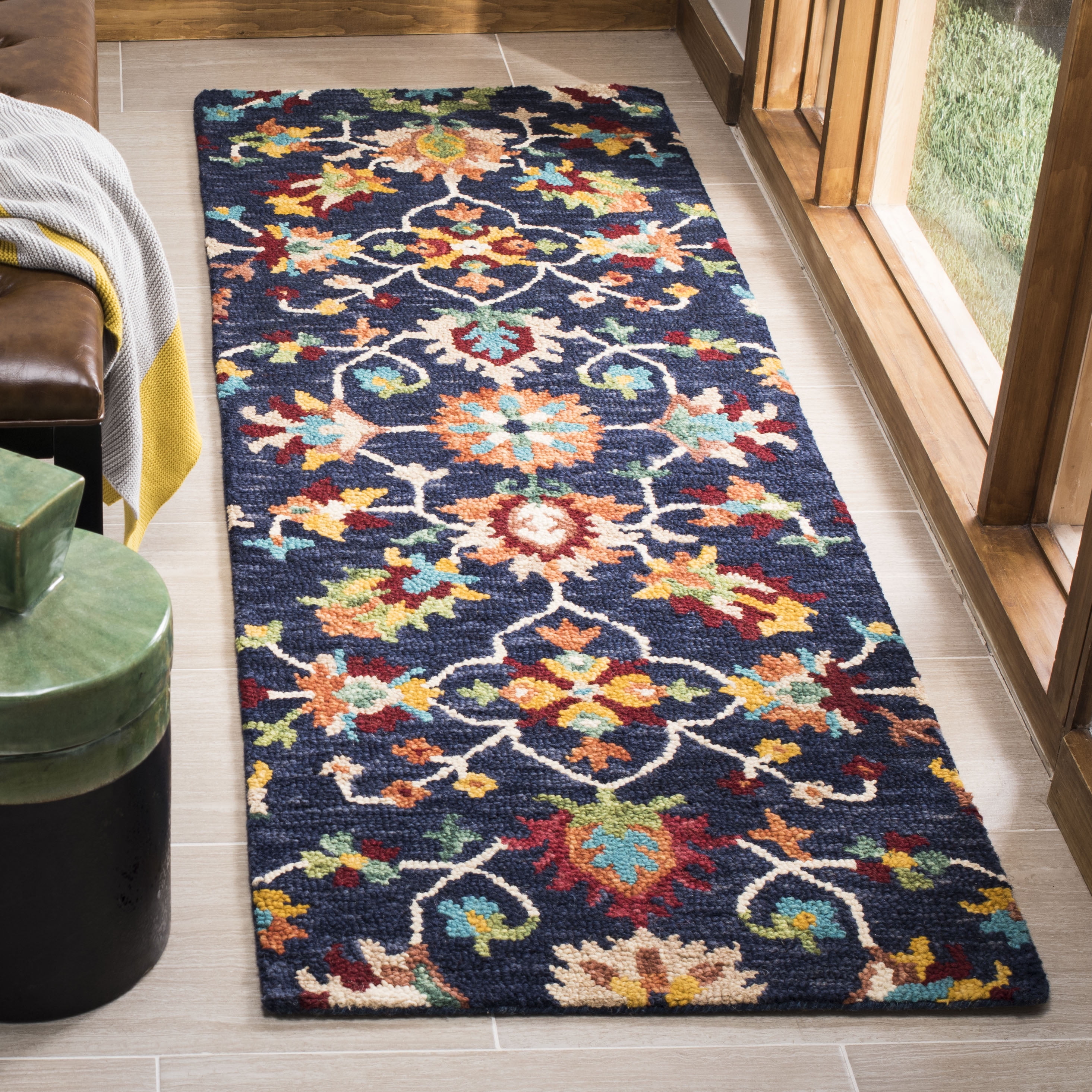 SAFAVIEH Aspen Magdalena Floral Bordered Wool Runner Rug, Navy/Red, 2'3" x 11'