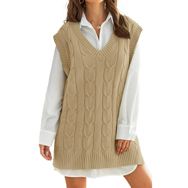 Plnotme Womens Oversized Sweater Vest Classic V Neck Sleeveless Solid Color  Simple Cable Knit Pullover Jumpers Tops - Walmart.com