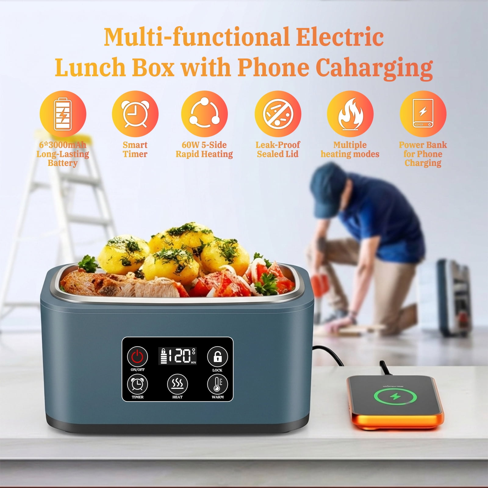 Jinghua 1.5 L Rechargeable Electric Heated Lunch Box Self-Heating Lunch Box Insulated Lunch Box for Work Travel Car Office School