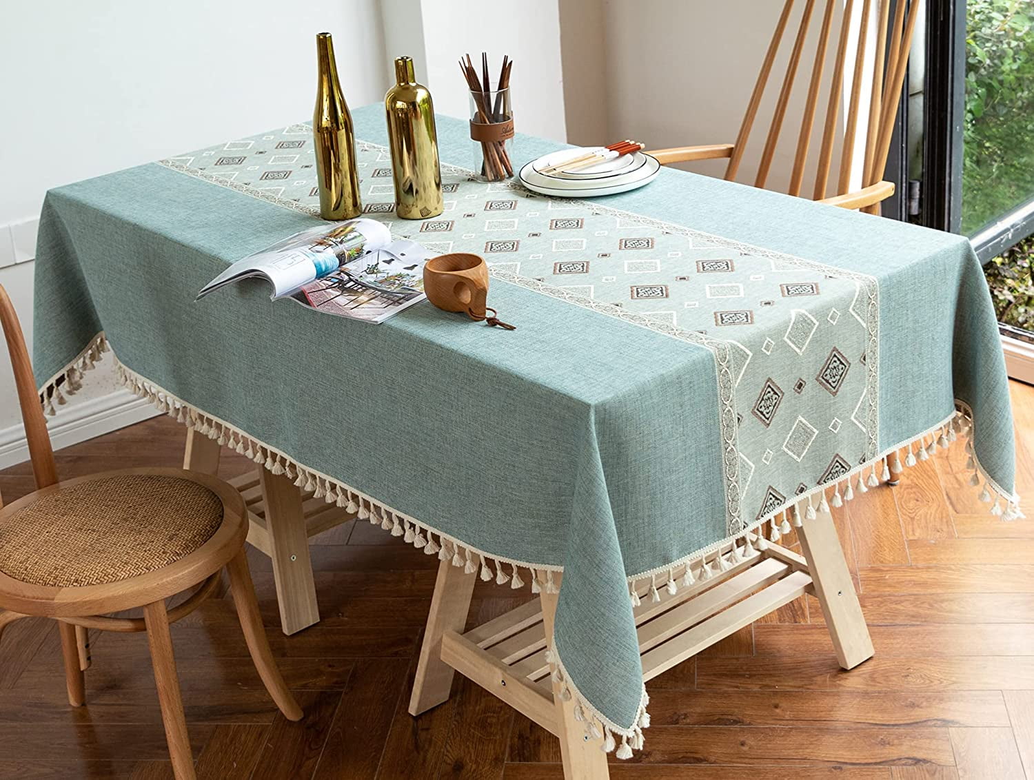 Rectangle Table Cloth Cotton Linen Wrinkle Free Anti-Fading Embroide Tablecloth 
