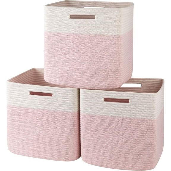13 Kallax Inch Cube Storage Bins, 3-Pack Cotton Rope Woven Baskets for Organizing, Kallax Insert Storage Baskets for Shelves, Baby Nursery, Closet Organizer, 13*13*12.6IN, Pink & White