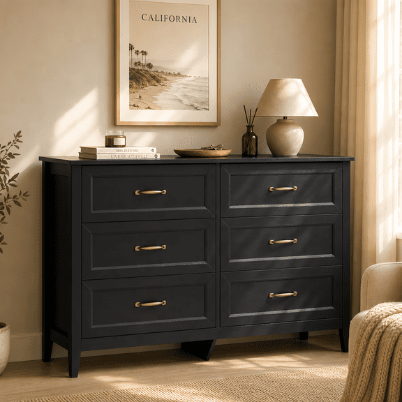 Black Dresser, Gizoon 6 Drawer Dresser for Bedroom, Modern Farmhouse Chest of Drawers with Gold Handles for Living Room