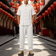 thumbnail image 4 of Men's Cotton Linen Kung Fu Uniform 2 Piece Set Loose Fit Breathable Lightweight Tai Chi Clothing for Training and Practice Short Sleeved Shirt Tops and Pants Size 5XL White, 4 of 9