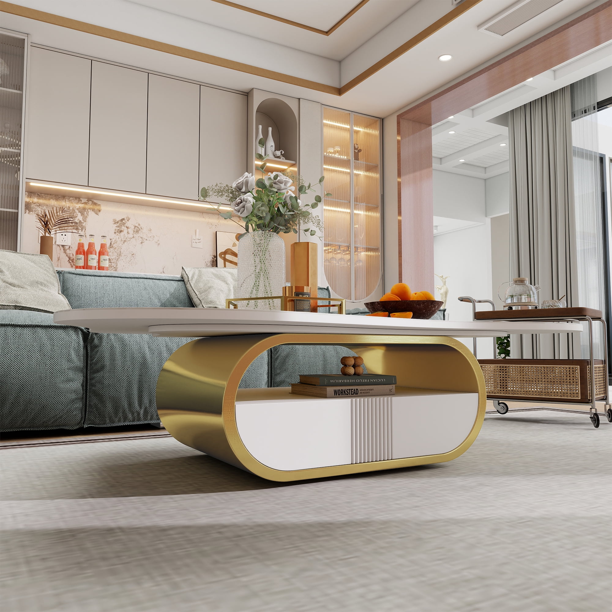 HIUU Cloud Coffee Table with Sintered Stone Top,White Marble Coffee Table with Storage Shelf & Drawer, Stainless Steel Base(Grey+White)