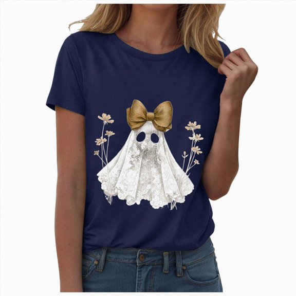 TOWED22 Halloween Shirts for Women Cute Ghost Graphic Tees Fall Crewneck Short Sleeve Costumes Autumn Party Graphic T-Shirt(Navy,L)
