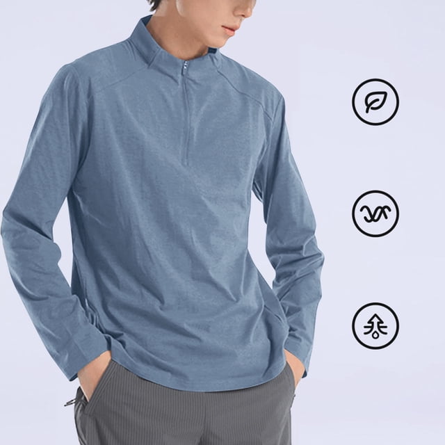 Blusa y camisa de manga larga con cuello alto para hombre, informal, a la moda, de color liso, con media cremallera, de manga larga, para correr, fitness, ejercicio al aire libre, blusa de poliéster p