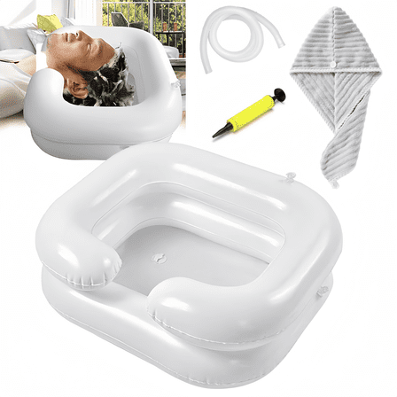 ChrumpTon Portable Shampoo Bowl, Inflatable Hair Washing Basin with Hand Pump and Towel, for Bedside, Home Care, Sink Washing and Dreadlock Care, White
