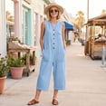 thumbnail image 6 of JULMCOMO Jumpsuits for Women Crew Neck Button Down Casual Bib Overalls Sleeveless Retro Wide Leg Capri Jumpsuit with Pockets Sky Blue 2XL, 6 of 7