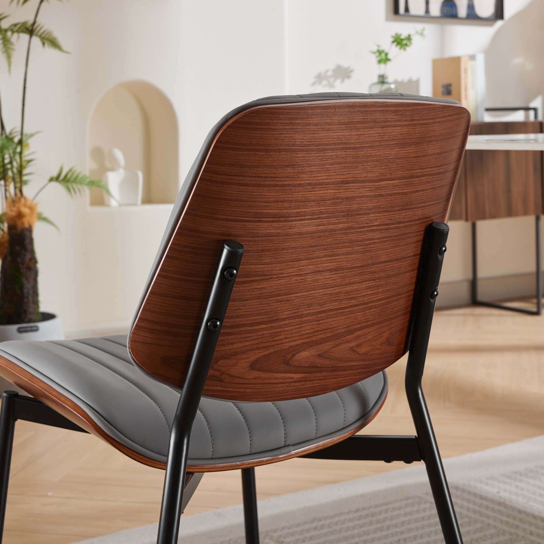 Mid-Century Upholstered PU Dining Chairs with Walnut Bentwood Back and Metal Tapered Legs, Gray, Set of 2