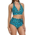 thumbnail image 3 of Women's Scoop Neck Crop Top High Cut Bikini Set Swimsuits, Blue Leopord, 3 of 5