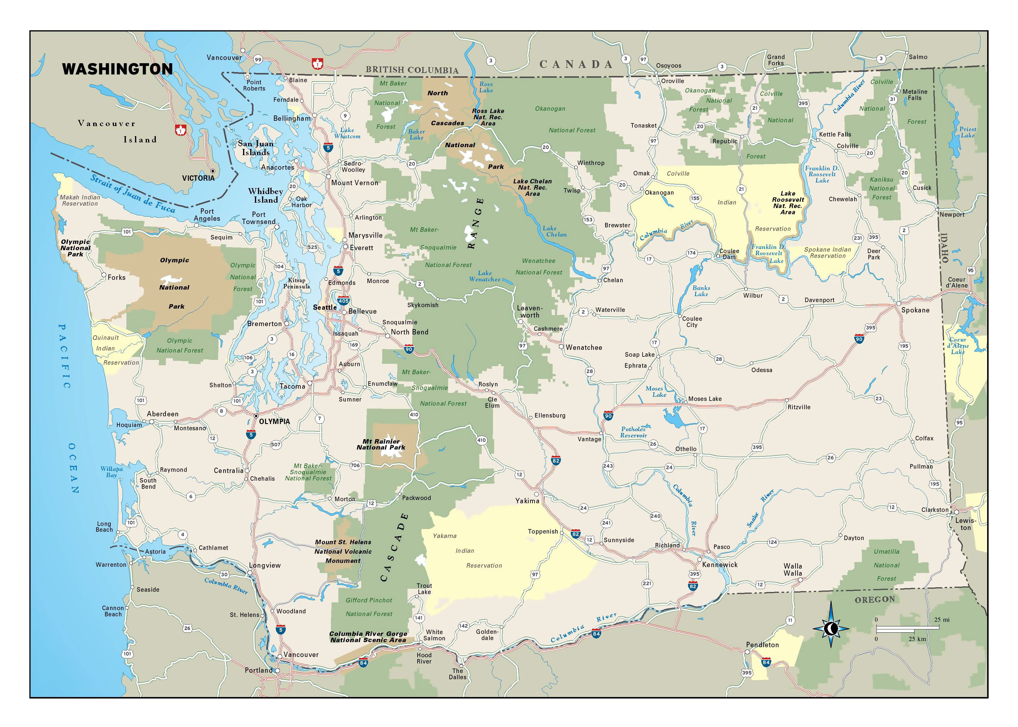 Laminated Map Large detailed map of Washington state with national
