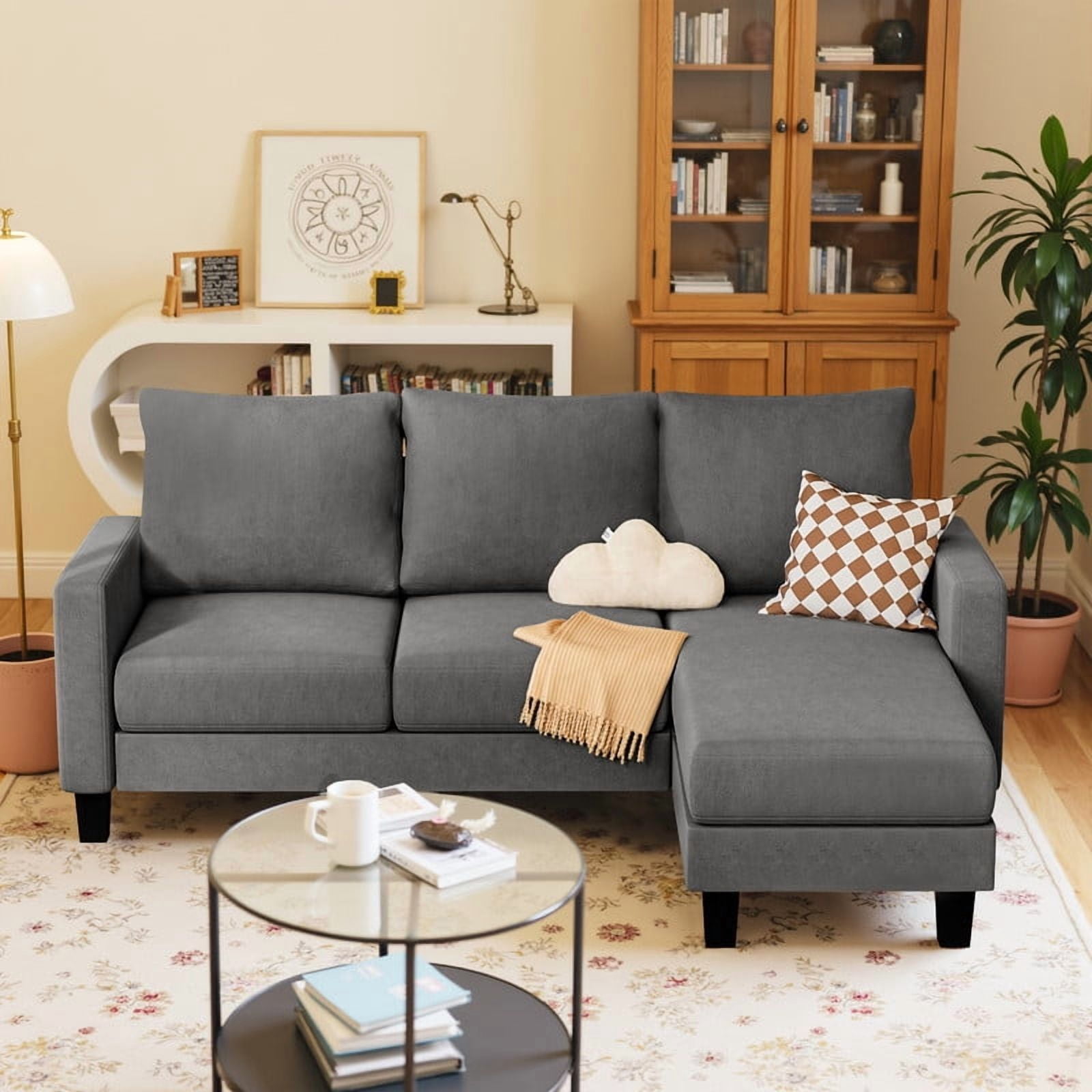 Homall Convertible Sectional Sofa Couch, Modern Linen Fabric L-Shaped Couch 3-Seat Sofa Sectional with Reversible Chaise for Small Living Room, Apartment and Small Space, New Dark Gray