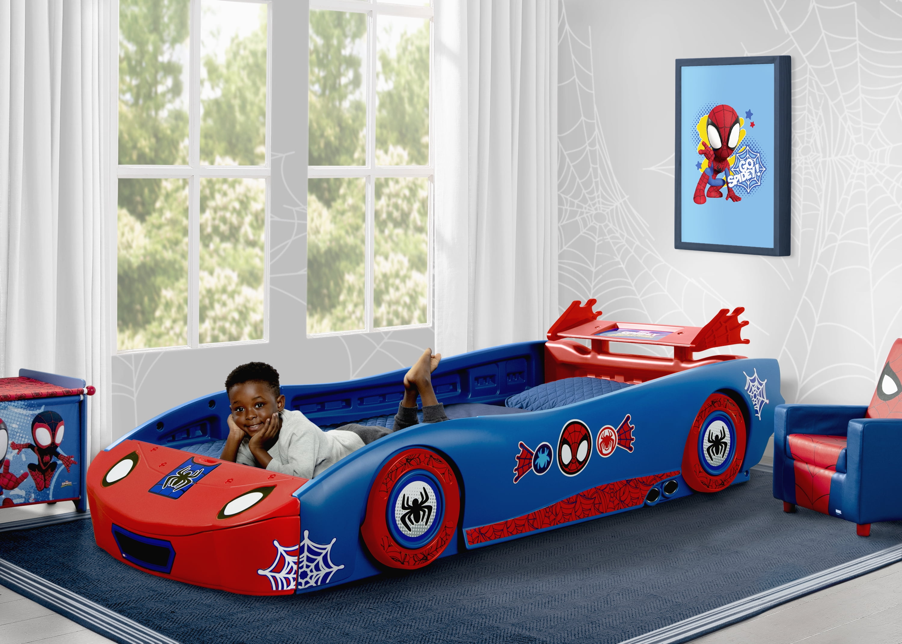 Spidey and His Amazing Friends Web Crawler Race Car Twin Bed by Delta Children, Blue/Red