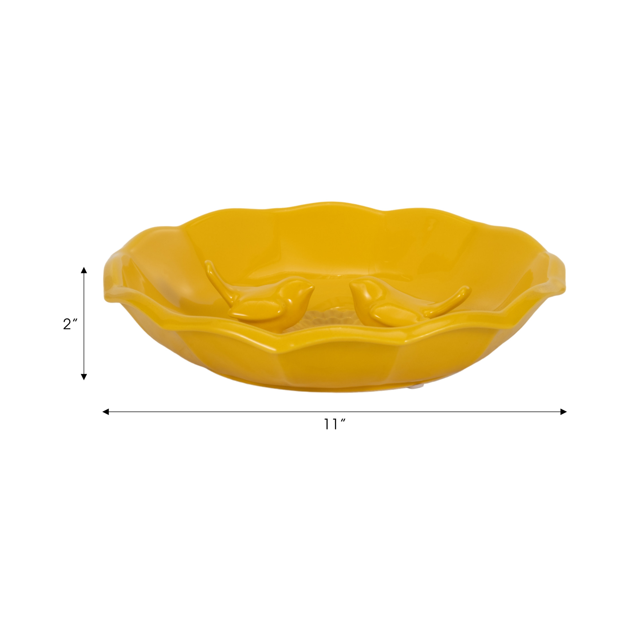 Ceramic Bird Feeder for Outdoors - Flower Bowl Bird Bath Style, Floor Bird Feeder for Garden and Yard Tabletop or Ground - Decorative Accent for Feeding Wild Birds in Outdoor Spaces - 2", Yellow