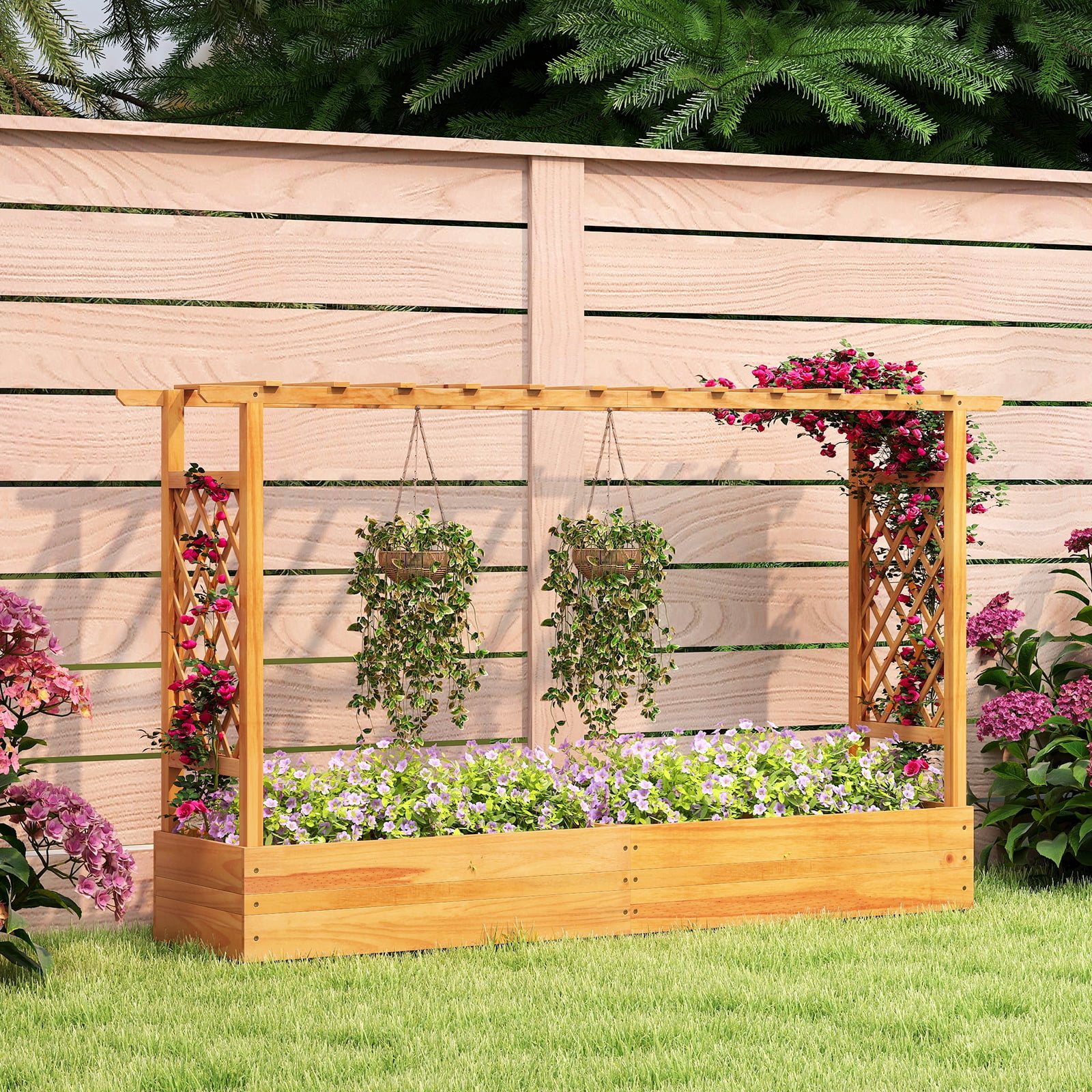 Costway 1 PCS 45” Raised Garden Bed with Trellis with Hanging Roof, 2 Side Trellises for Flower