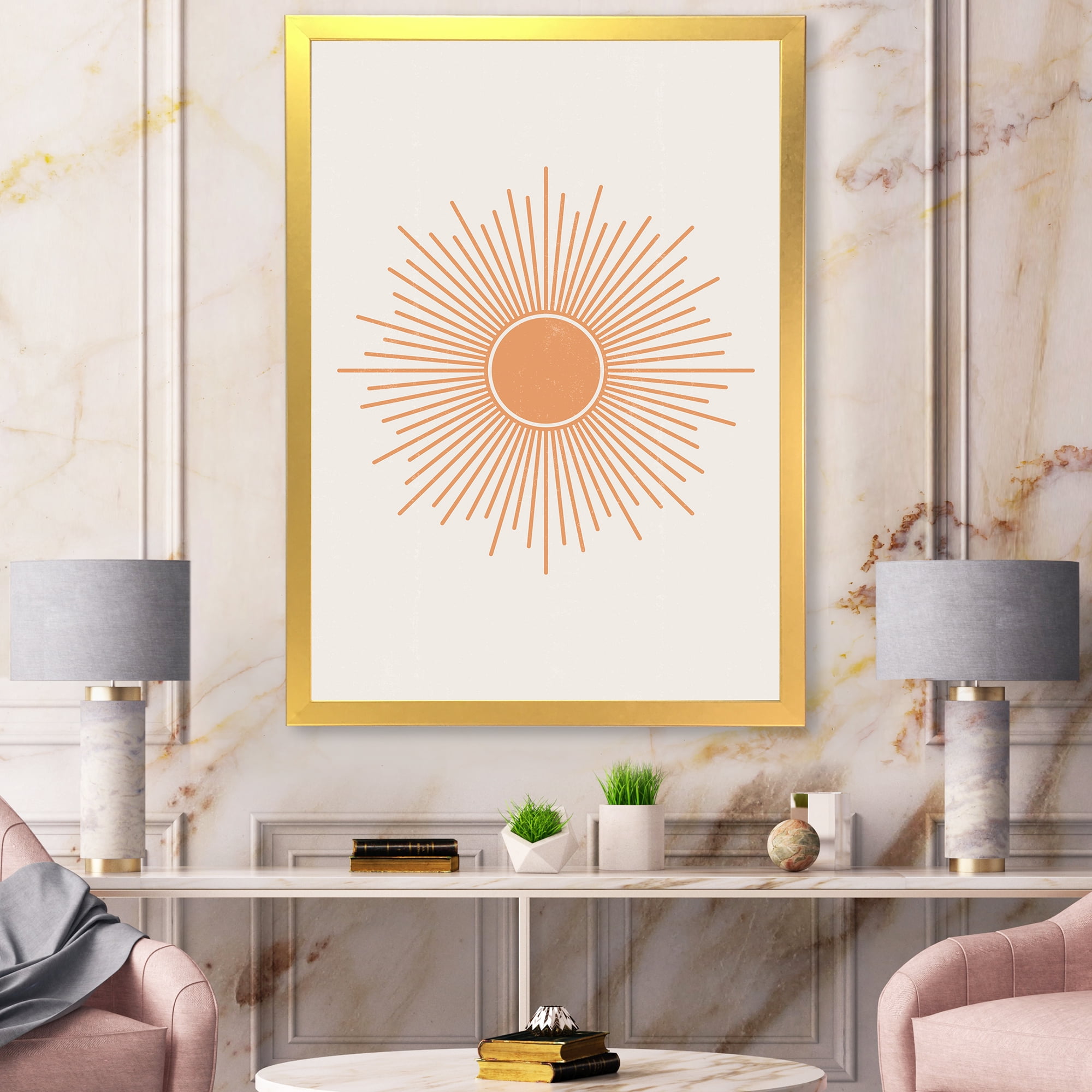 Designart 'Minimal Bright Shining Orange Sun Rays III' Modern Framed Art Print