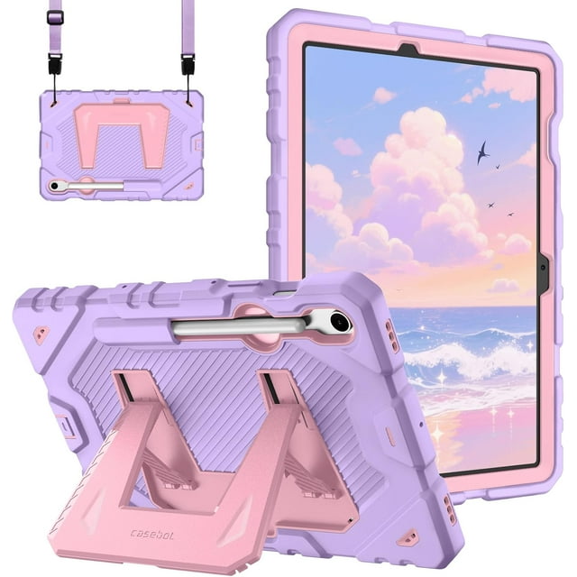 Kids Friendly Case for Samsung Galaxy Tab S10 Lite/ S10 FE/ S9 FE 10.9 Inch/Tab S9 11 Inch, Fully-Body Rugged Heavy Duty Shockproof Protective Case with Kickstand & Shoulder Strap, Purple