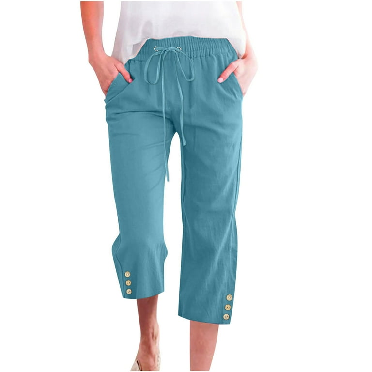 QUYUON Women Capris Pants with Pockets Buttons Elastic Waist Capris for  Casual Summer Clearance Drawstring Cotton Linen Cropped Pants Straight Leg
