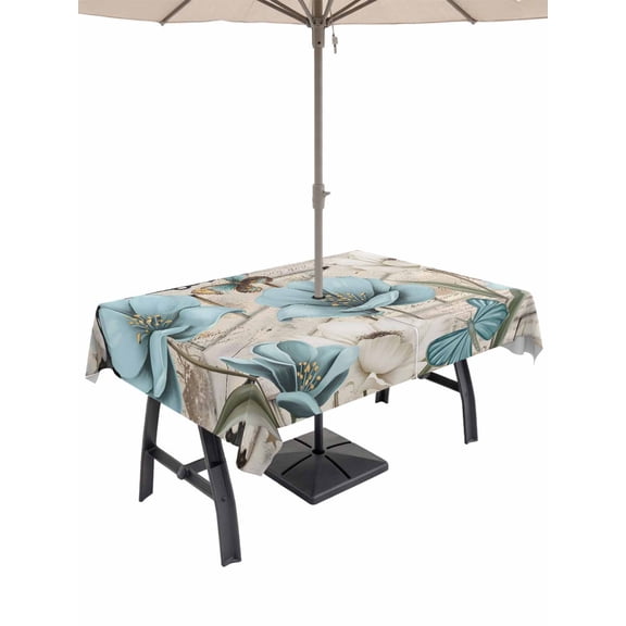 Outdoor Tablecloths with Umbrella Hole & Zipper, Teal Blue Tulips Tablecloth Rectangle 60x84 Inch, Spring Floral Barn Doors Vintage Wood Beige Waterproof Table Cloth, Patio/Pool/Picnic Table Covers