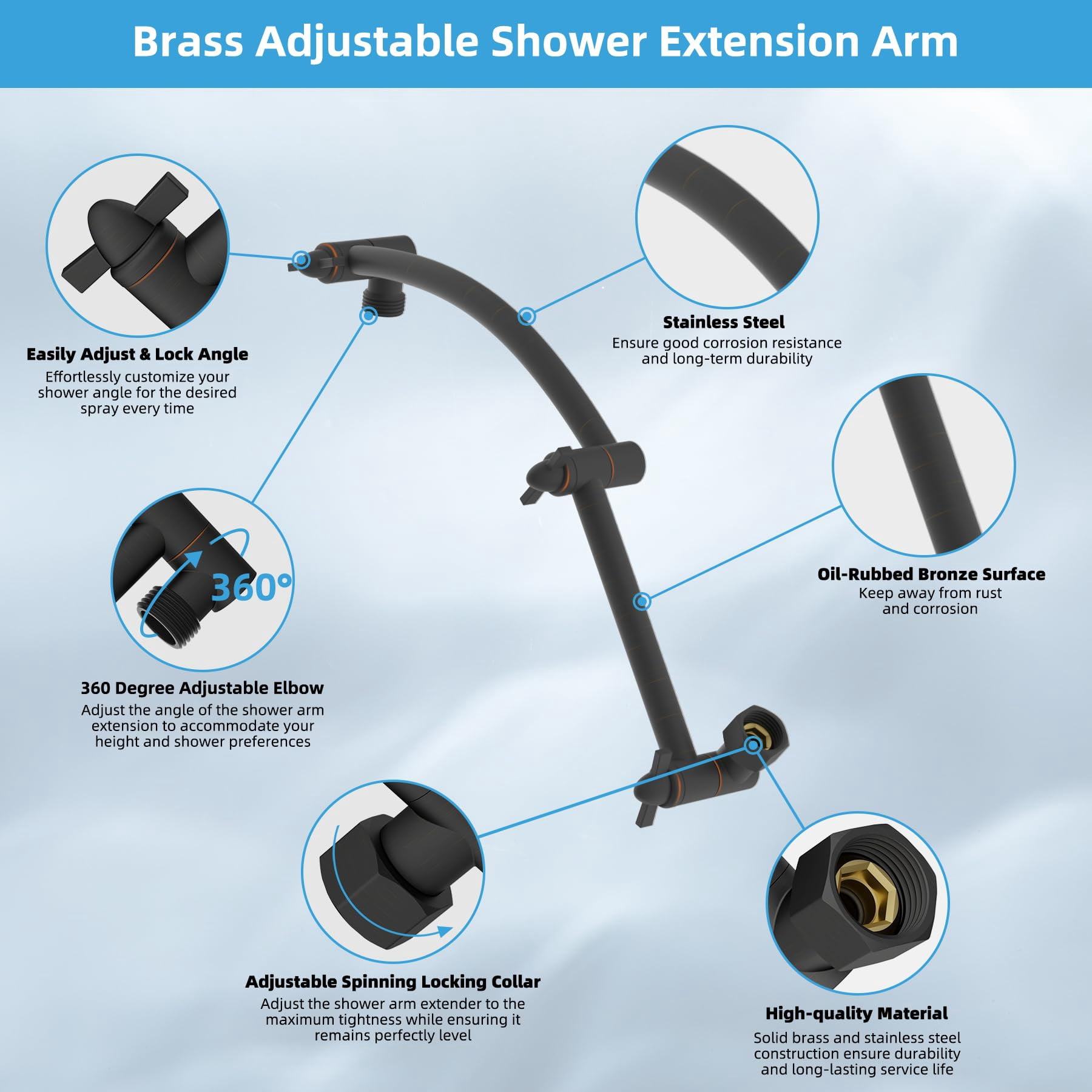All Metal Rain Shower Head  8'' High Rainfall Square Showerhead With 16" Extension Arm Solid Brass Adjustable Extender Waterfall Fixed Showerheads Oil Rubbed Bronze