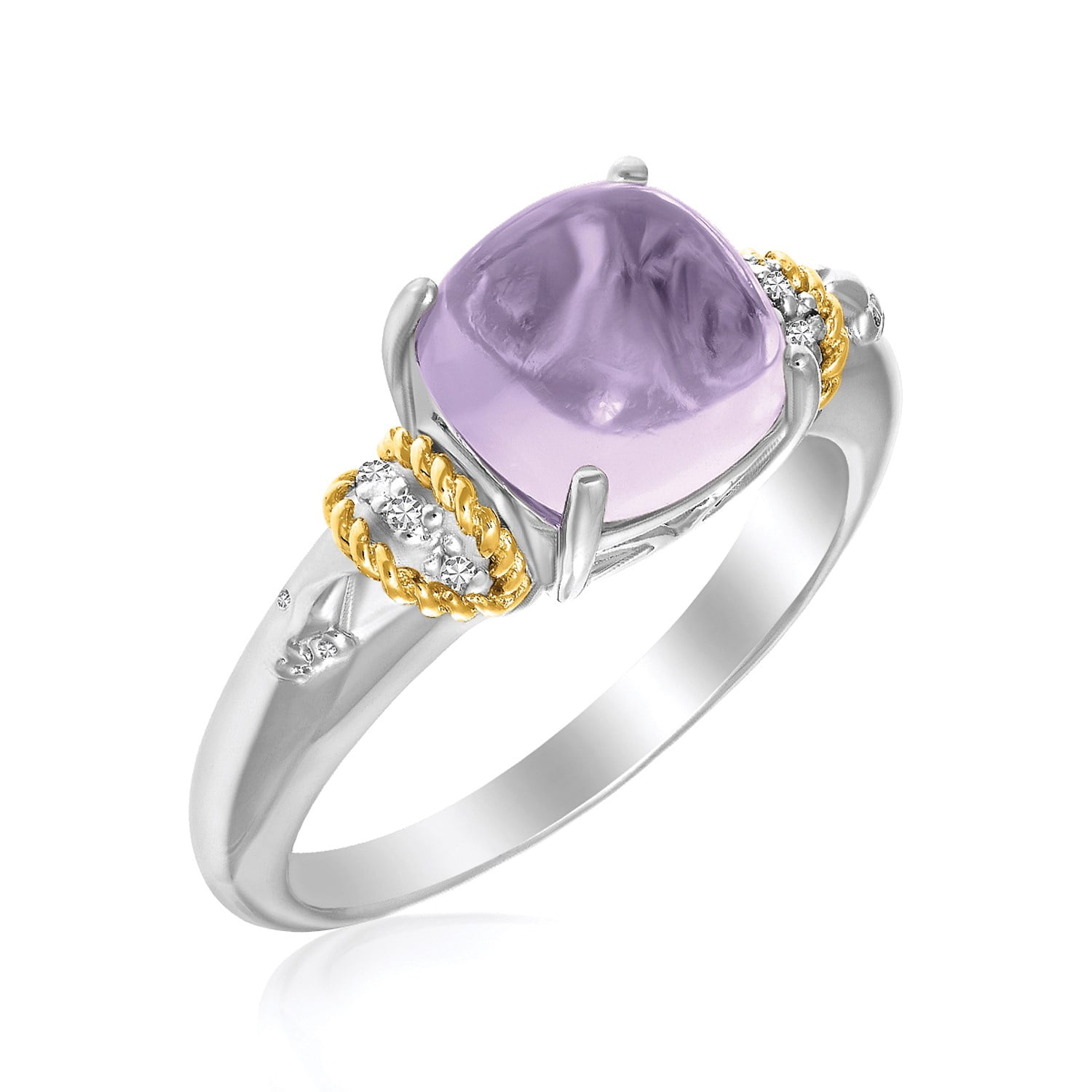 18K Yellow Gold & Sterling Silver Prong Set Square Amethyst and Diamond Ring Size 6 by Mia Diamonds
