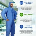 thumbnail image 3 of Disposable Coveralls for Men and Women, XX-Large. Pack of 25 Blue Hazmat Suit Costume. Water-Resistant SMS Polypropylene Painters Suit with Hood, Elastic Cuffs and Ankles, Front Zipper, 3 of 9