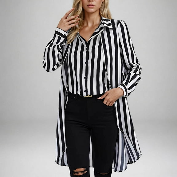 Blmnix Two-in-one Button Down Shirts for Women Black and White Striped Black Elegant Tops for Women Long Sleeve V-Neck Tees