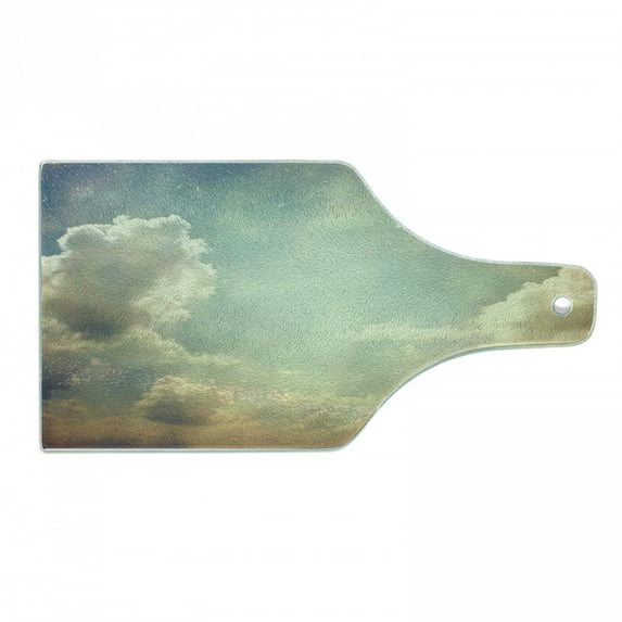 Vintage Cutting Board, Sky Looks Like Dream Space with Sun Rays Celestial Miracle Atmosphere Photo, Decorative Tempered Glass Cutting and Serving Board, Wine Bottle Shape, Blue White, by Ambesonne