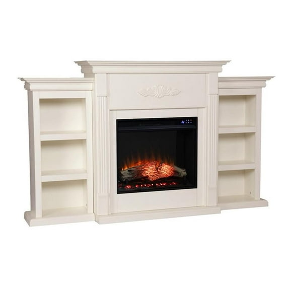 Maklaine Touch Screen Wood Electric Fireplace w/ Bookcase in Ivory