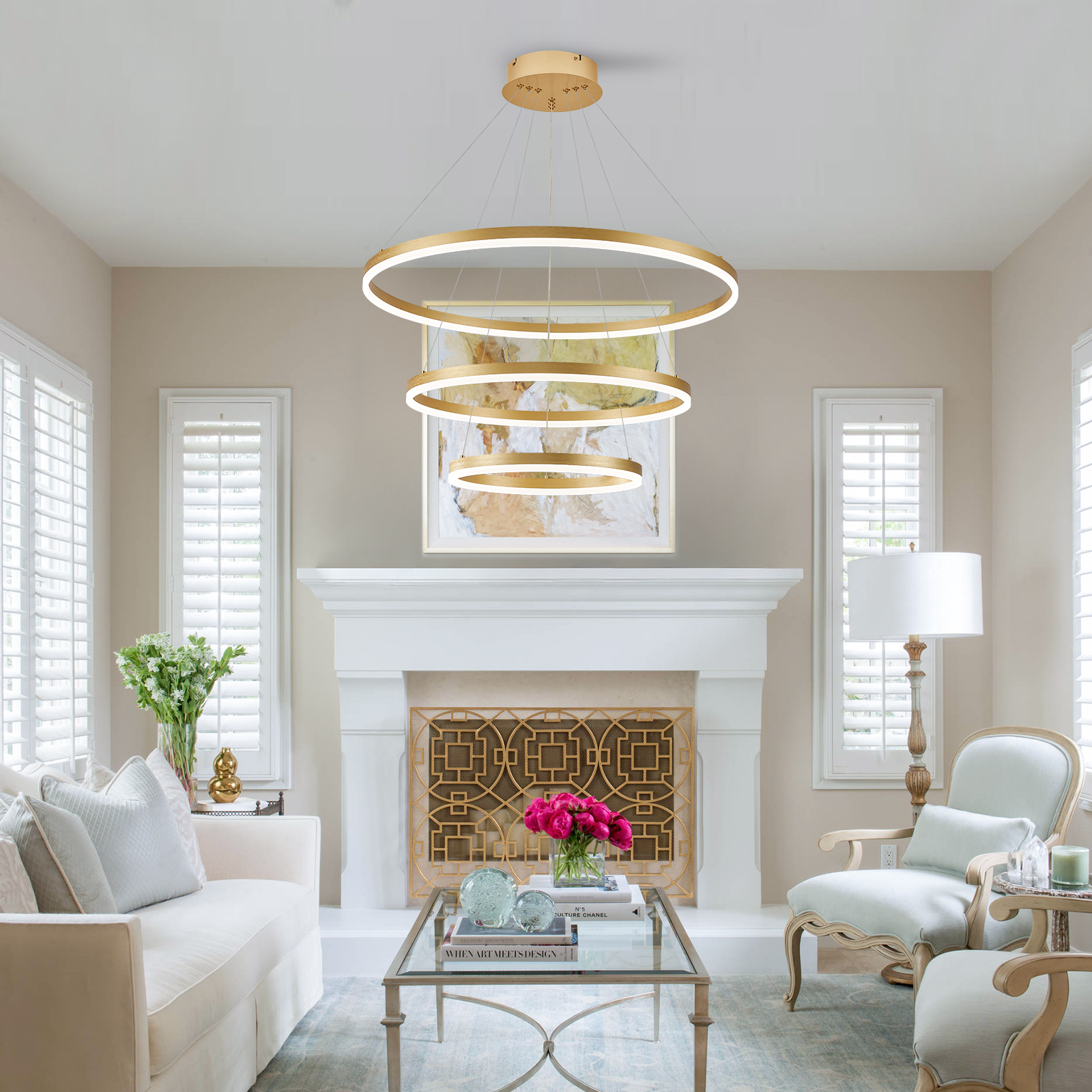 Gold 3-Rings Modern LED Chandelier Dimmable Pendant Lighting with Remote Control Circular Flush Mount High Ceiling Light for Living Room Dining Room Foyer, 3000K-6500K D31.5"