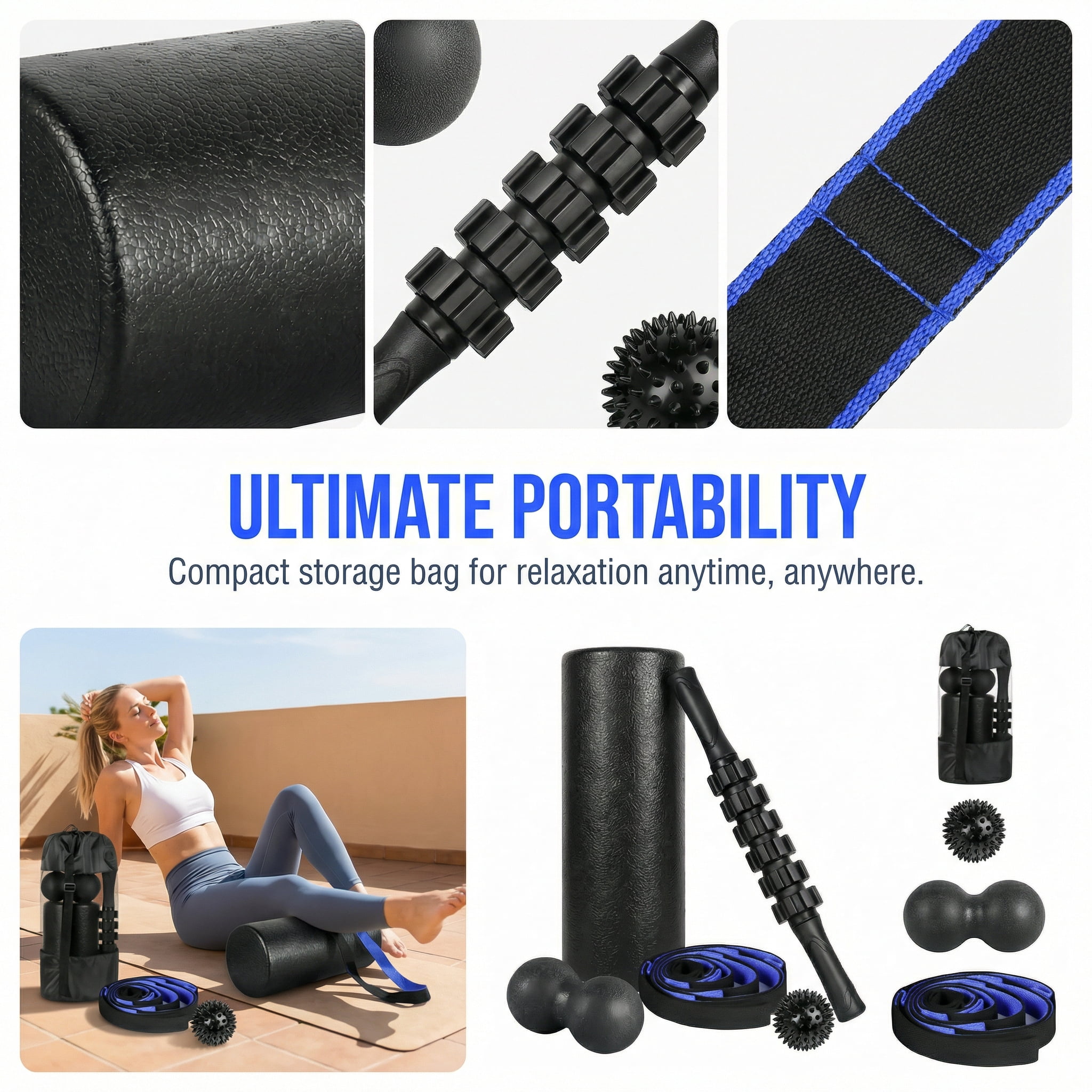 7-in-1 Black Foam Roller Set, for Muscle Recovery - Foam Roller, Massage Stick, 3 Muscle Massage Ball, Stretching Strap & Storage bag, Deep Tissue Trigger Point Therapy Kit for Back Pain, Sore Muscle