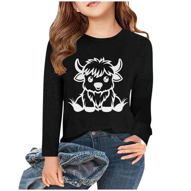 MKOSPLRT Hauts Vache Highland pour Fille Manches Longues T-Shirts Western Col Rond Mignons Chemises Décontractées Blouses Amples 2-15 Ans Cadeaux pour Enfant