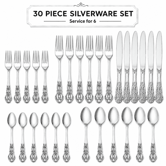 Blusmart 30-Piece Silver Flatware Set for 6, Modern Mirror Polished Stainless Steel Cutlery Set with Steak Knives, Dishwasher Safe Silverware
