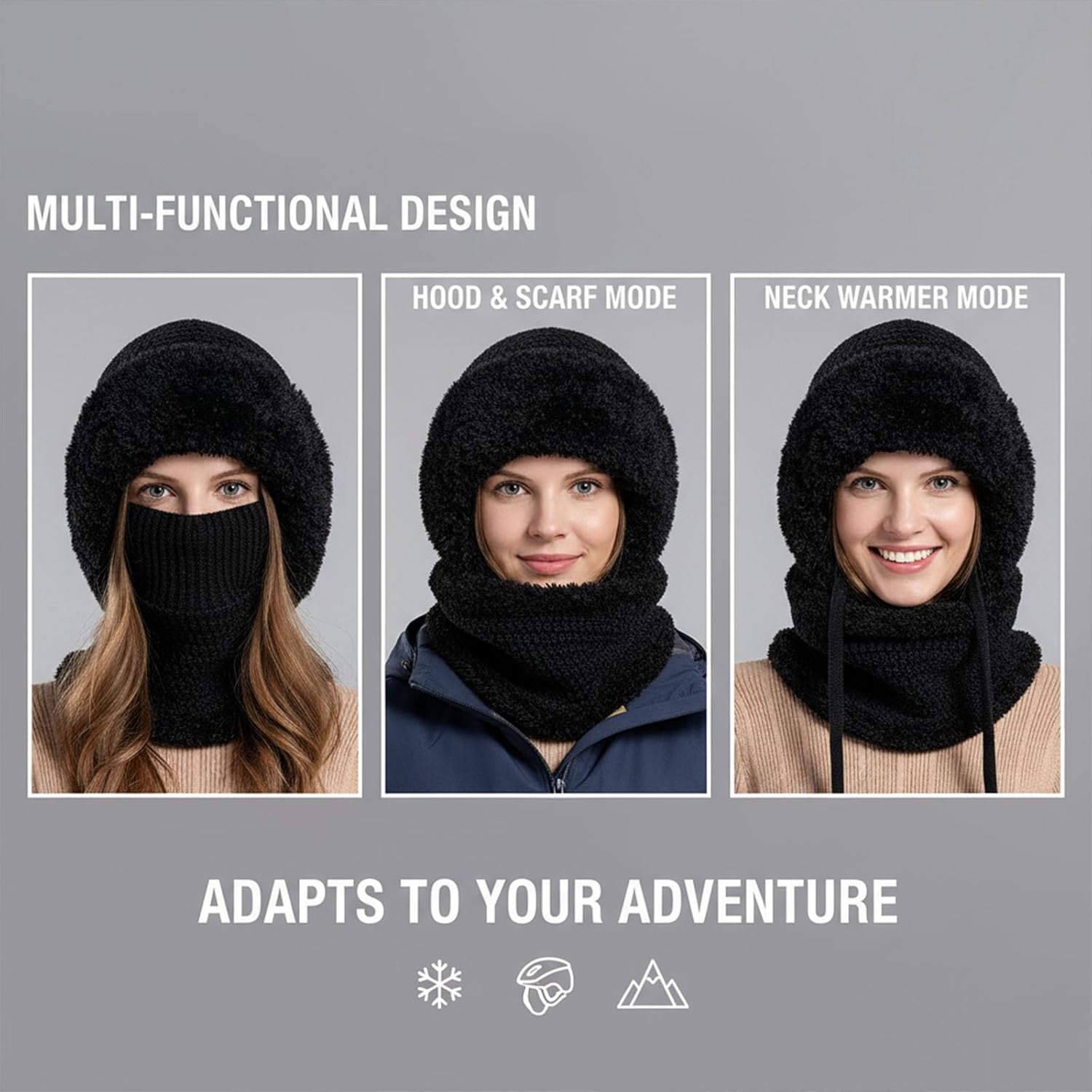 3 in 1 Beanie Hat with Scarf and Mask, Winter Windproof Balaclava, Knitted Fleece Lined Cold Weather Hat for Skiing Snowboarding Hiking Outdoor Activities