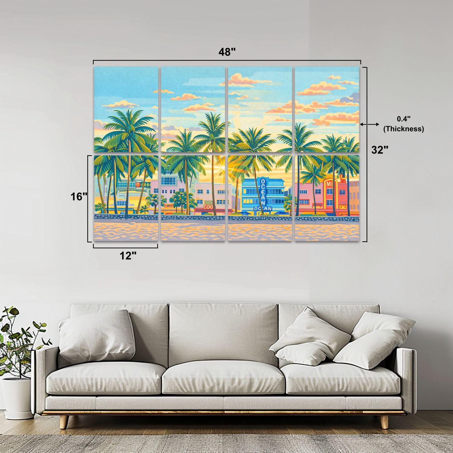 8 Pack Art Acoustic Panels Sound Absorbing Miami Beach Florida Decorative Soundproof Wall Panels Self Adhesive for Nursery Game Room Bedroom 48"x32"