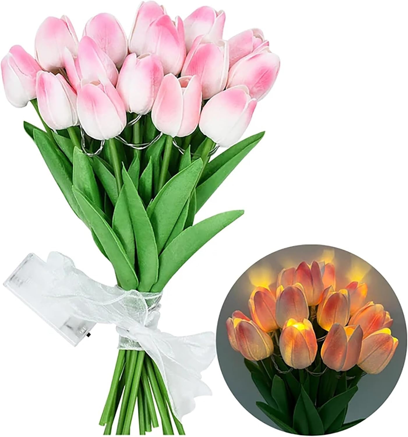 Artificial Tulip Flowers LED Lights Fake Tulips Bouquet Battery Powered Real Touch Led Night Light for Home Office Table Centerpiece Wedding