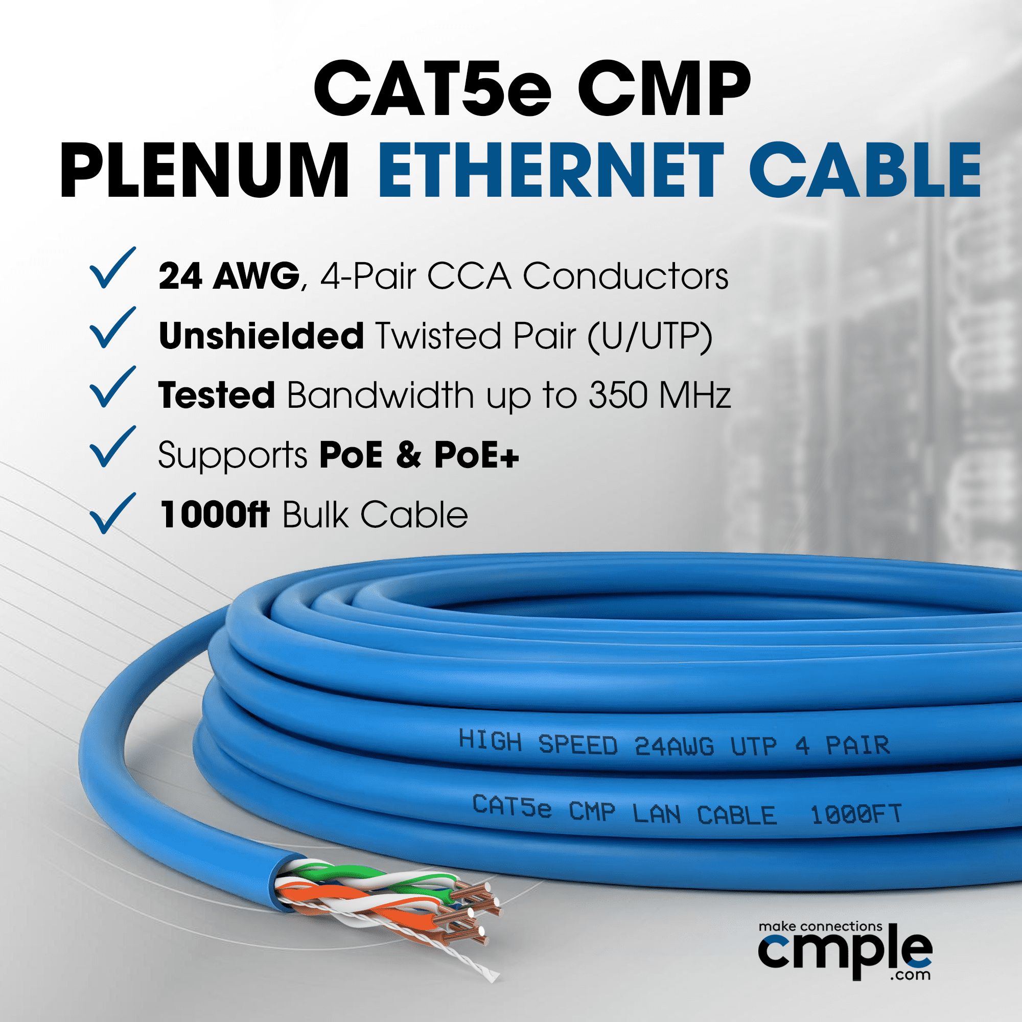 Cmple - Cat5e Plenum Cable 1000ft, CMP, Blue, 350MHz Gigabit Ethernet Cord Solid Network Internet Wire Bulk UTP