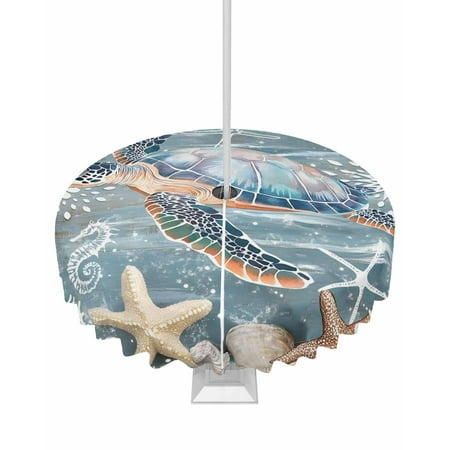 

Lsrtoss Outdoor Tablecloth with Umbrella Hole & Zipper Blue Turtle Coastal Round Tablecloth 54 Inch Summer Beach Nautical Starfish Coral Patio Table Cover Waterproof Table Cloth for Picnic/Party