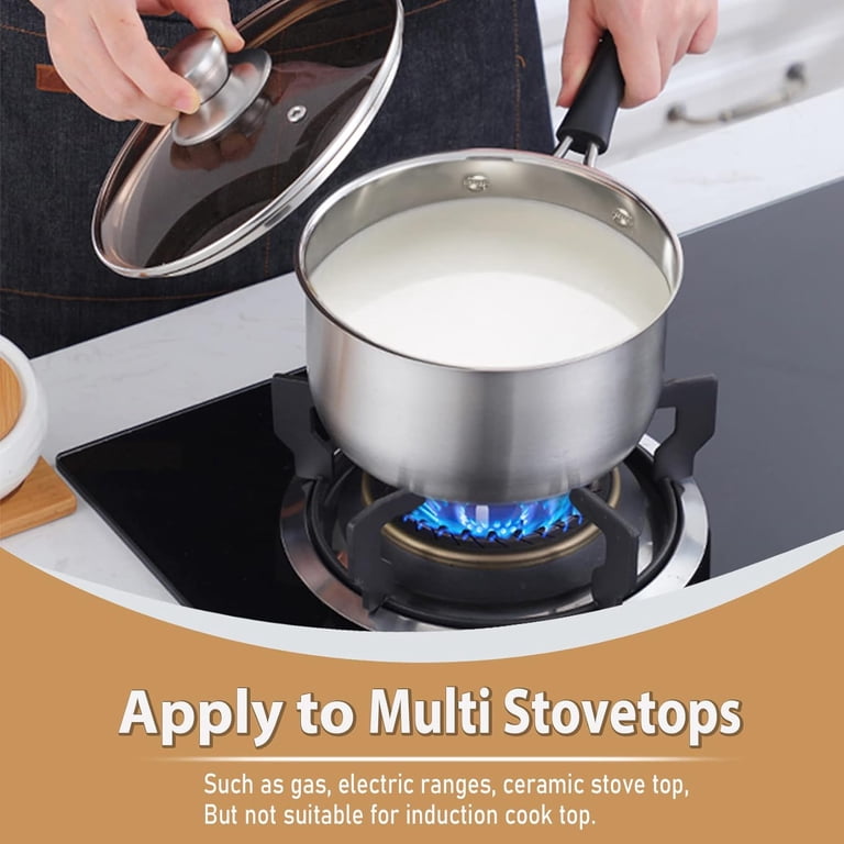 Renhekek 2Qt Stainless Steel Saucepan With Glass Lid – Wood Handle, Two Spouts, Stove Safe