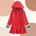 thumbnail image 2 of LEWKW Little Girls Hooded Tunic Dress Long Sleeve Rainbow Striped Cuffs Ruffle Hem Cotton Blend Sweatshirt Dress for Casual Play School Day, 2 of 6