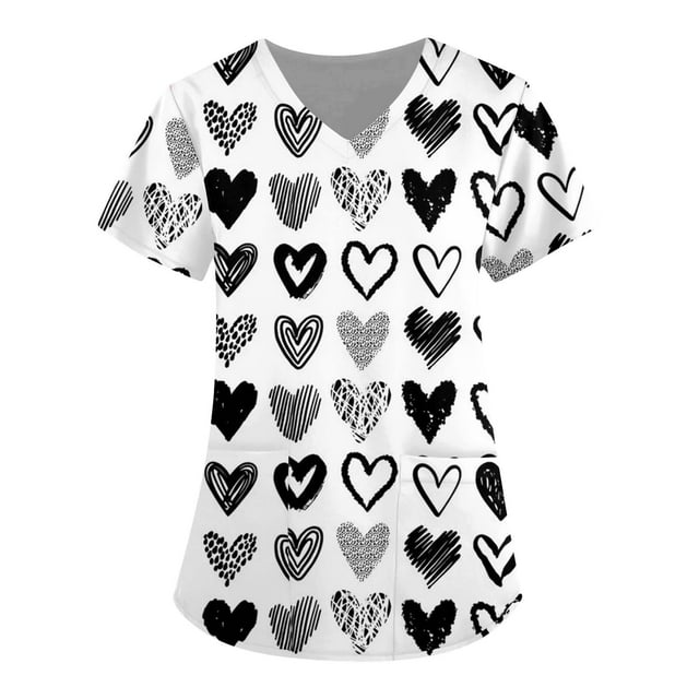 LSLJS Women's Fashion Short Sleeve V-Neck Tops Working Uniform Printing Pocket Blouse Tops, Womens Plus Scrubs