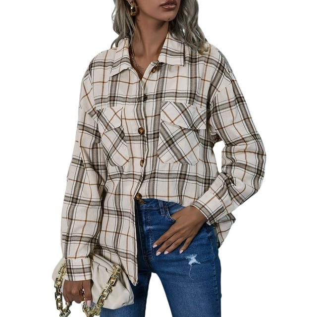 Women's Oversized Plaid Button Down Shirt Shacket Jacket Long Sleeve Casual Fall Outwear