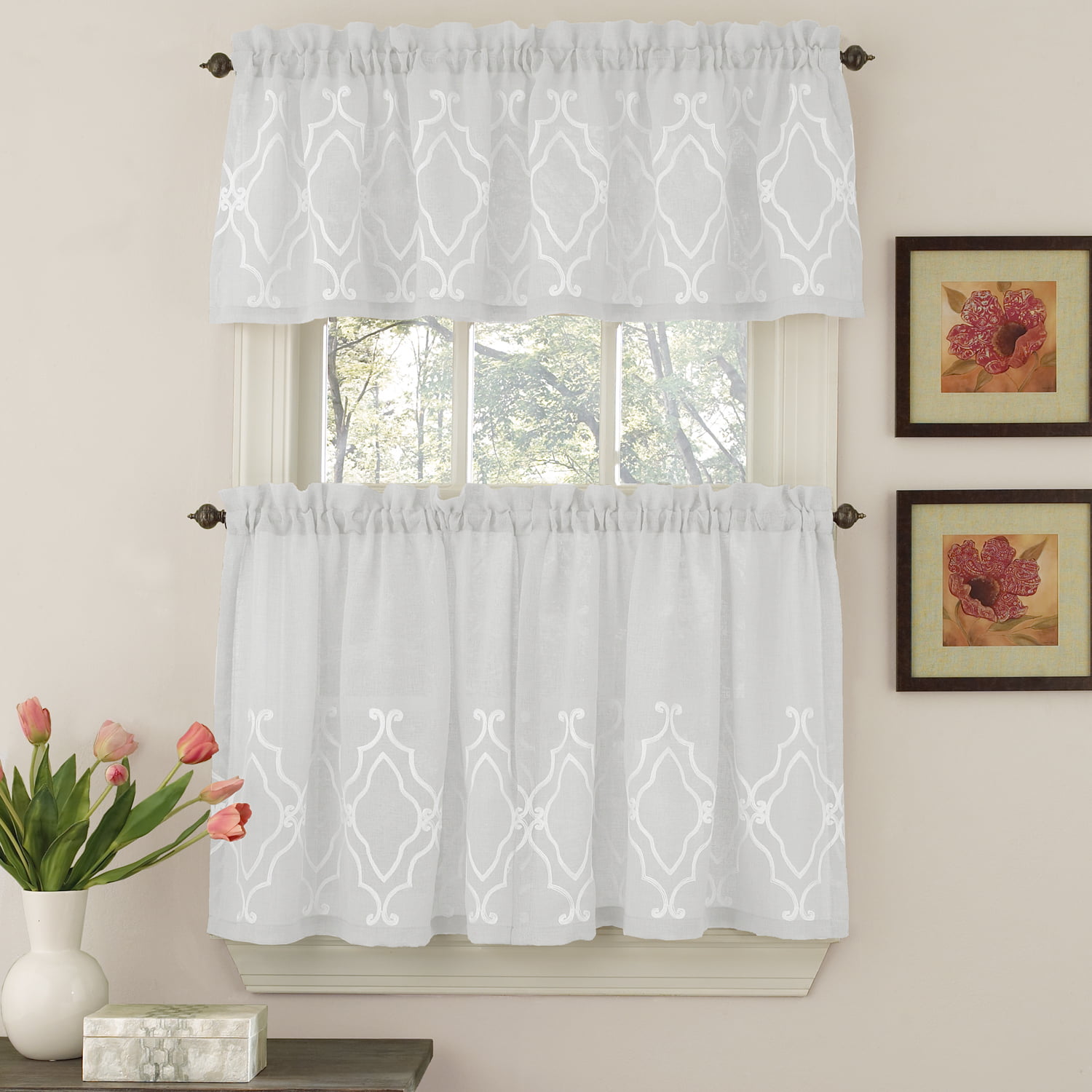 Adler Details about   Embroidered Curtains Set:2 Tiers 28"x36" & Valance 56x15" SILVER LEAVES 